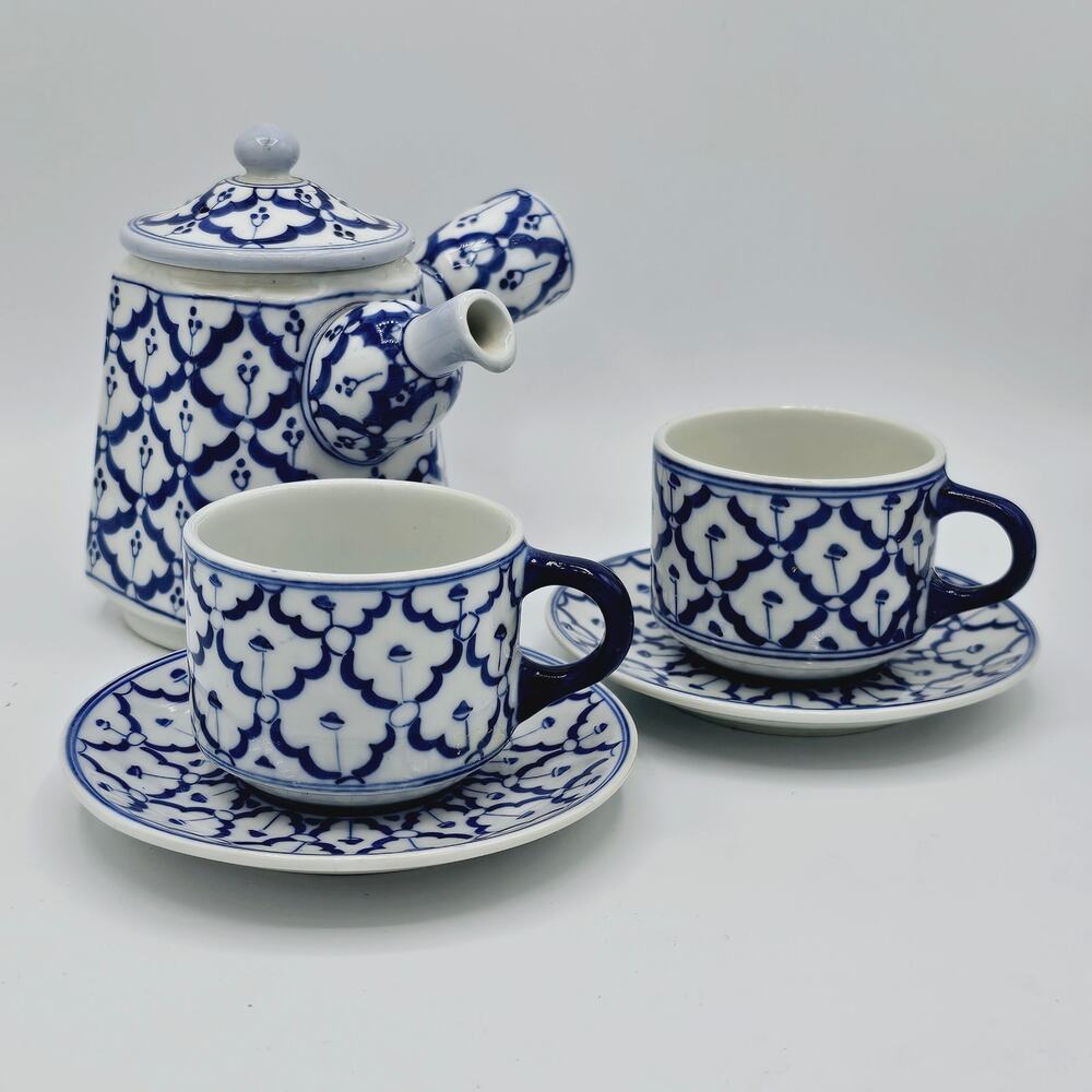 Tea Set Hand Painted Cobalt Blue Built in Diffuser Porcelain Serves 2